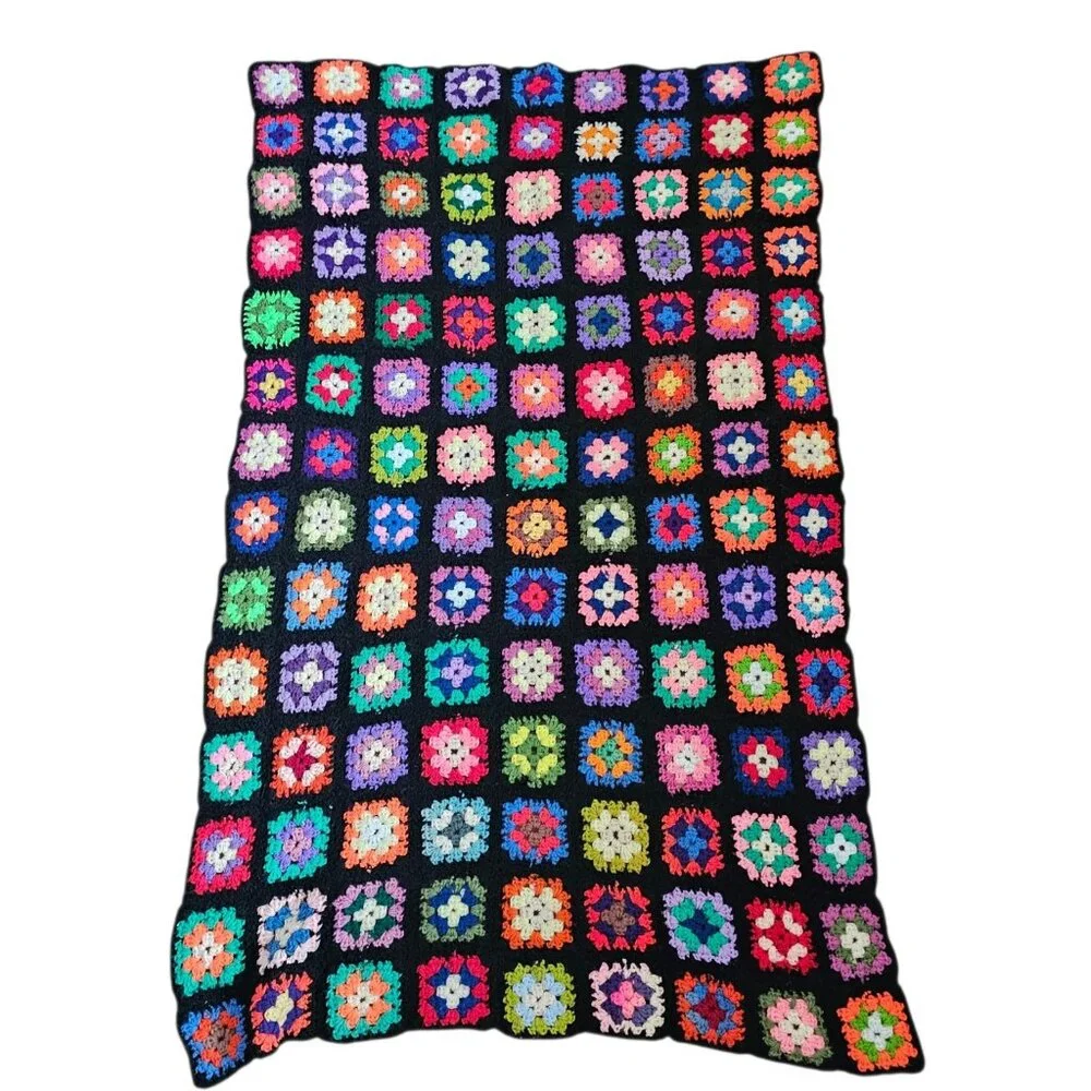 VTG Black Granny Square Couch Sofa Afghan Blanket Throw Rainbow 36 X 60
